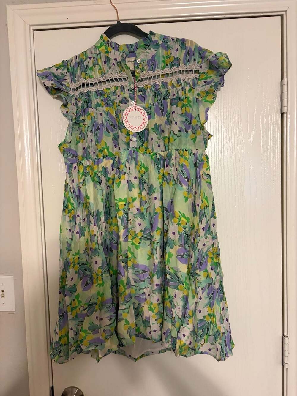 Umgee Babydoll Dress Size L Multi Floral Print Ruffle Short Sleeve